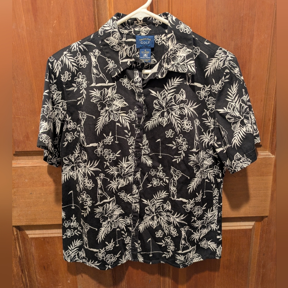 Charter Club Vintage Black & White Golf Hawaiian Floral Casual Button Down Shirt